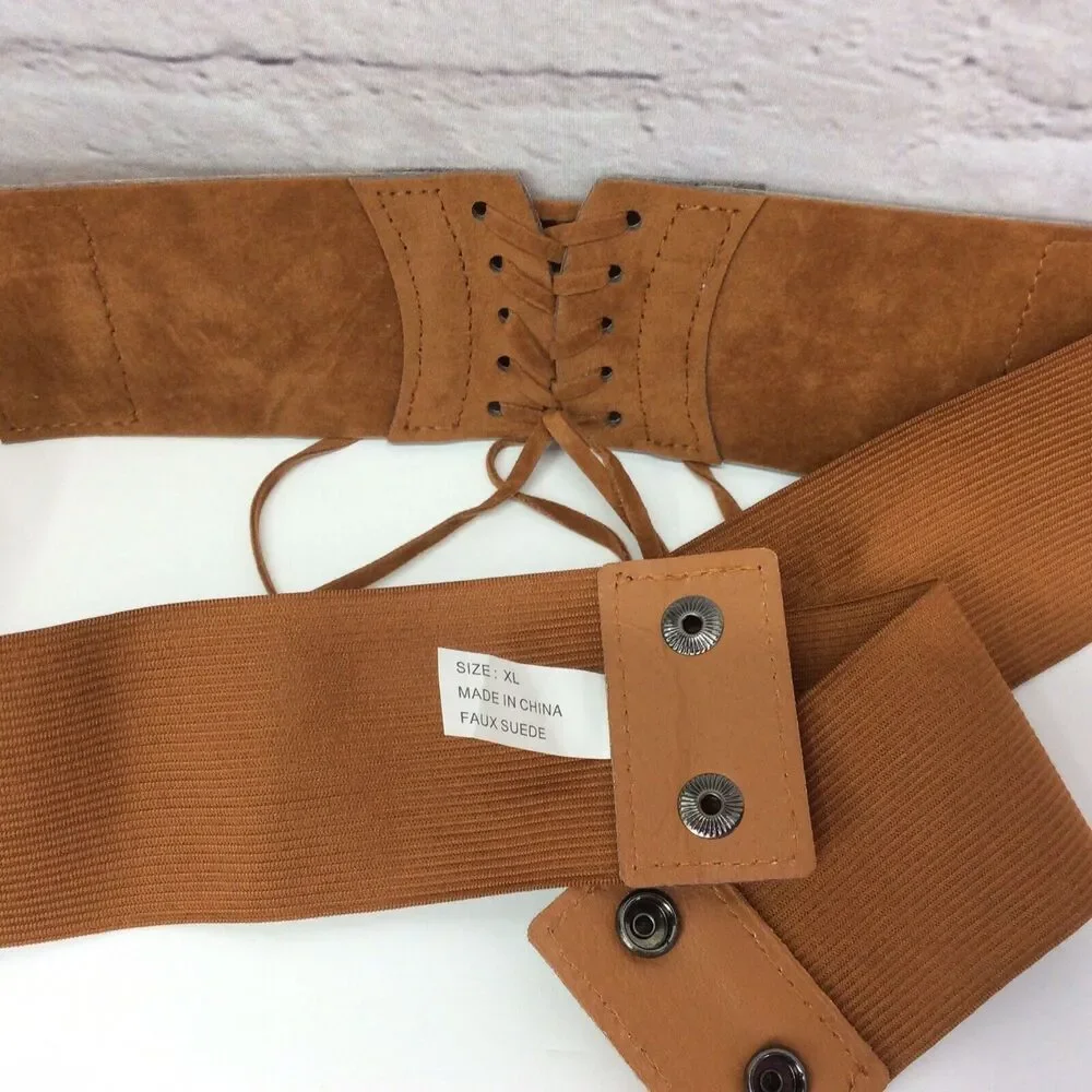 Corset Belt Faux Leather Suede Women's Size XL Brown Lace Up Snap Boho Stretch